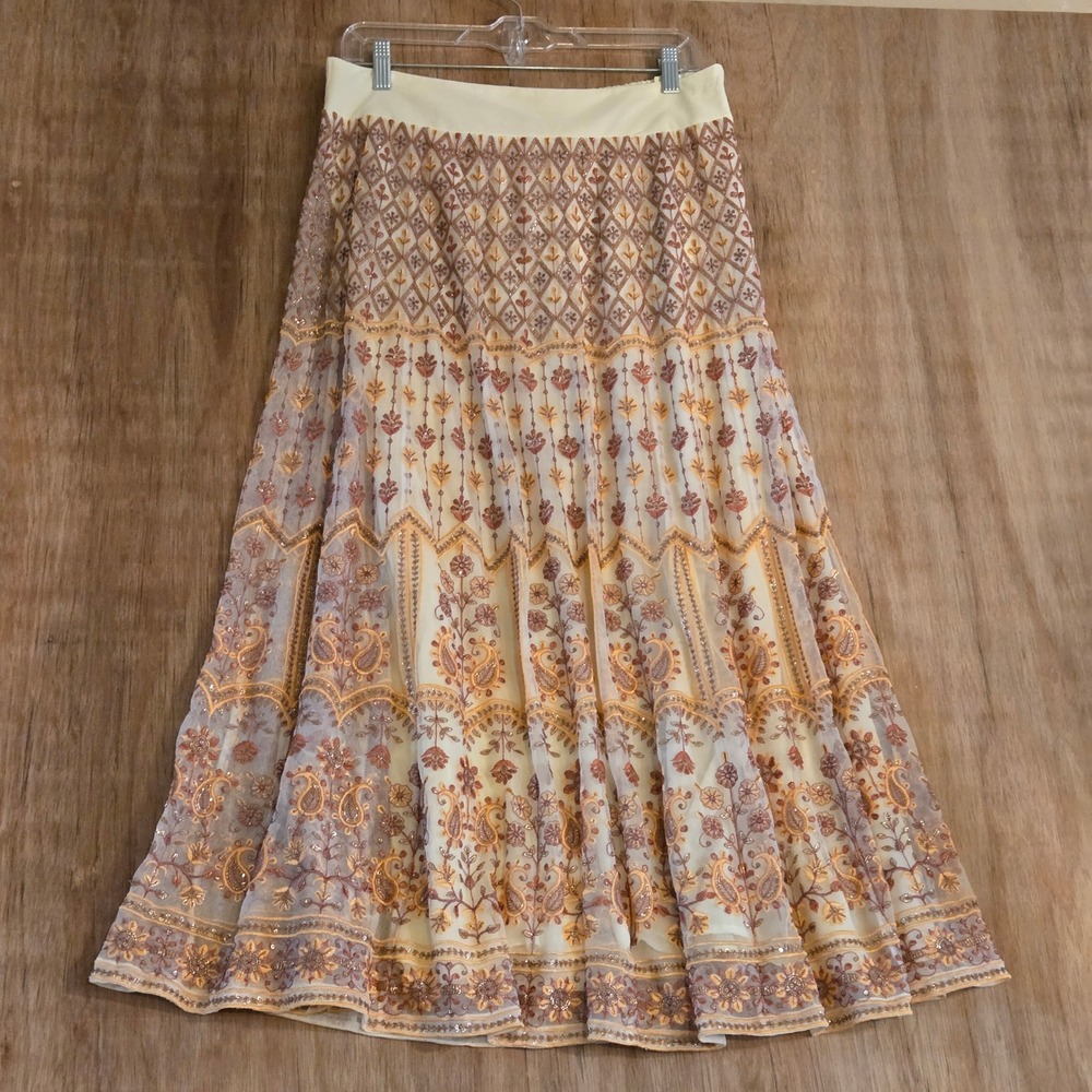 Soft Surroundings Embroidered Sequin Mesh Maxi Skirt Cream Boho Paisley Medium